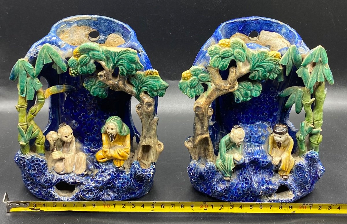 Pair Of Wall Bouquet Holder In Chinese Slip Middle Nineteenth-photo-6