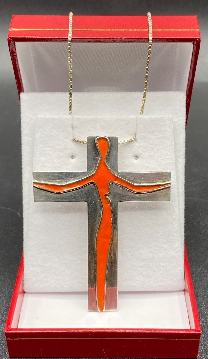 Cross In Sterling Silver And Enamel Signed Maul Circa 1950