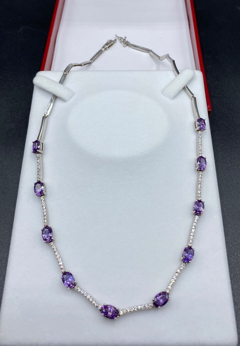 Sterling Silver Necklace With Amethysts And Zirconium Oxides Circa 1940/50