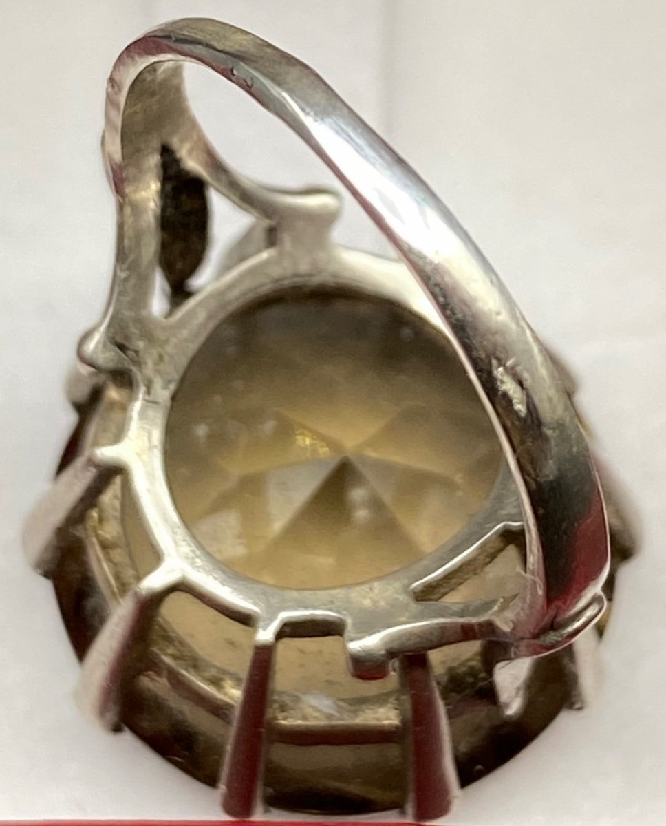 Bague En Argent Massif Et Quartz Fumé Vers 1930-photo-1