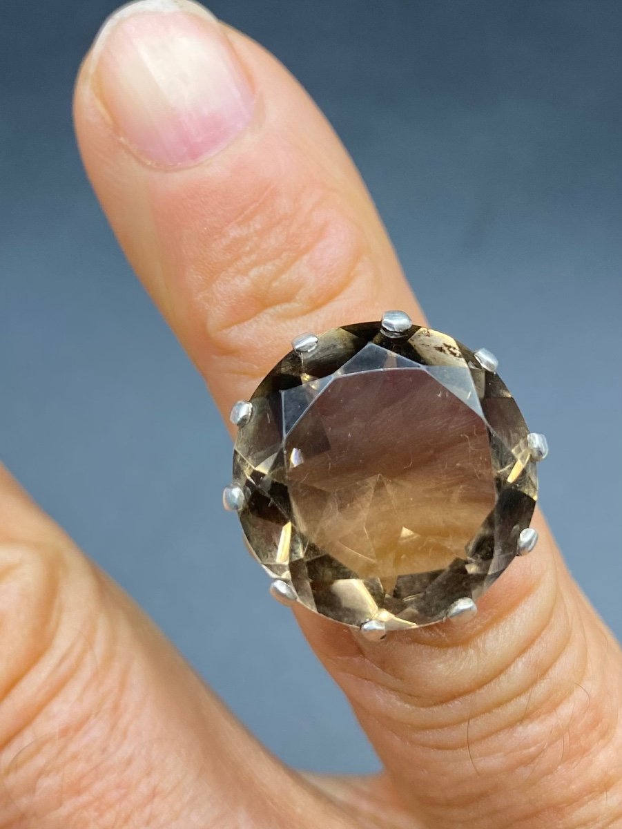 Bague En Argent Massif Et Quartz Fumé Vers 1930-photo-3