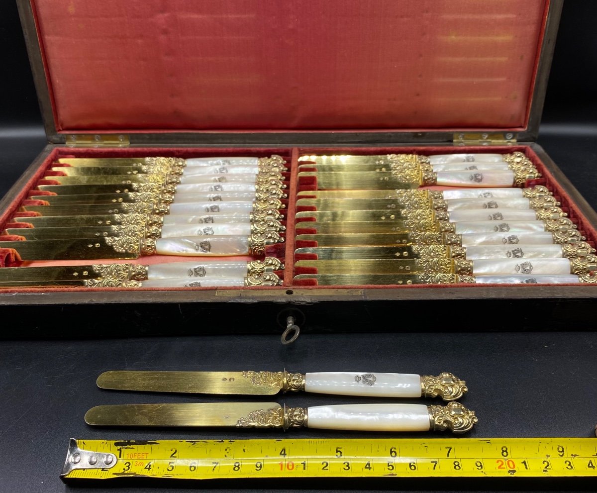 Box Of 24 Fruit Knives In Sterling Silver Vermeil From The 19th Century By Lassère La-photo-7