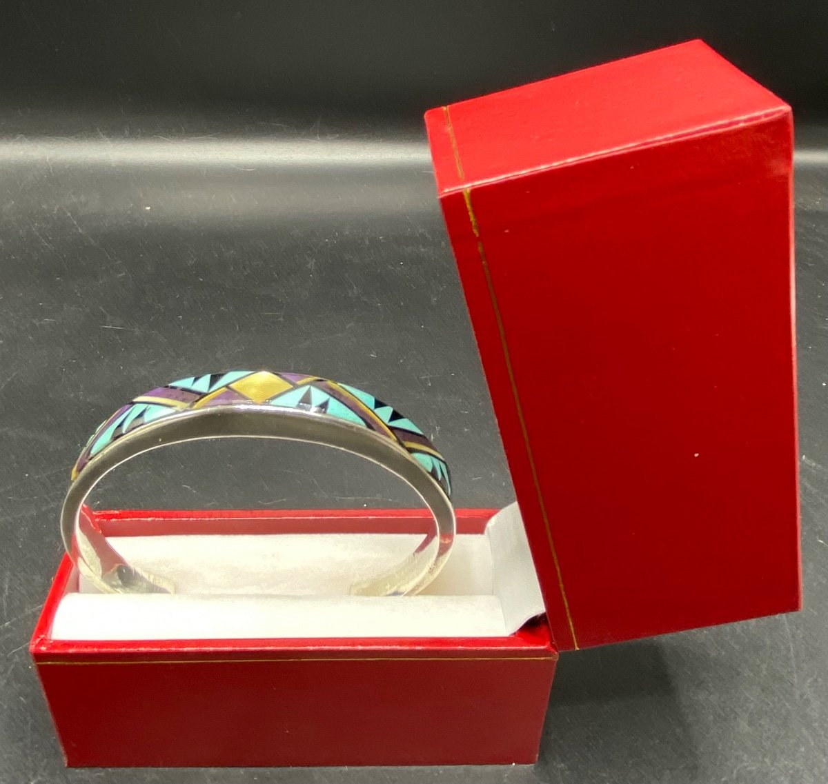 3/4 Bangle Bracelet In Sterling Silver Mother-of-pearl And Enamel Usa Circa 1970/80-photo-4