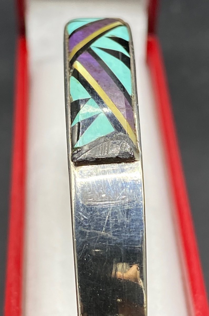 3/4 Bangle Bracelet In Sterling Silver Mother-of-pearl And Enamel Usa Circa 1970/80-photo-2