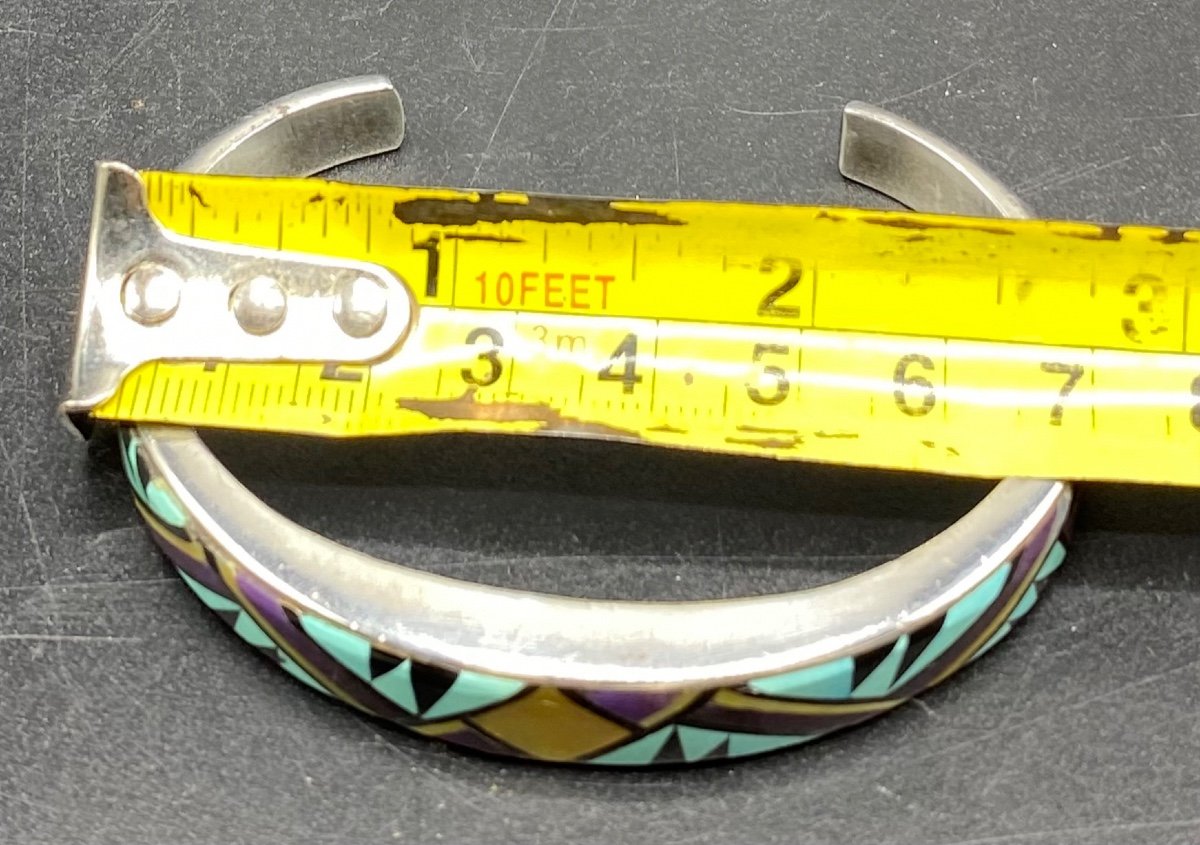 3/4 Bangle Bracelet In Sterling Silver Mother-of-pearl And Enamel Usa Circa 1970/80-photo-3