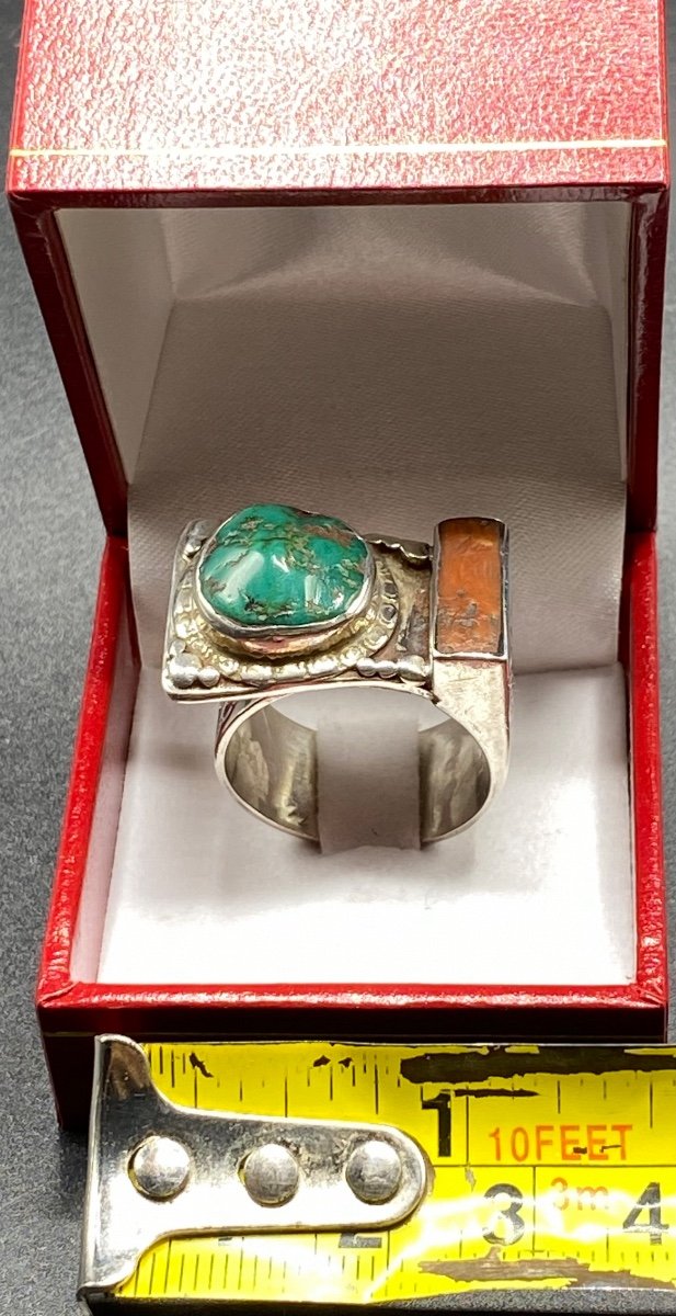 Grosse Bague En Argent Massif Jaspe Et Corail étrangère Vers 1930-photo-4