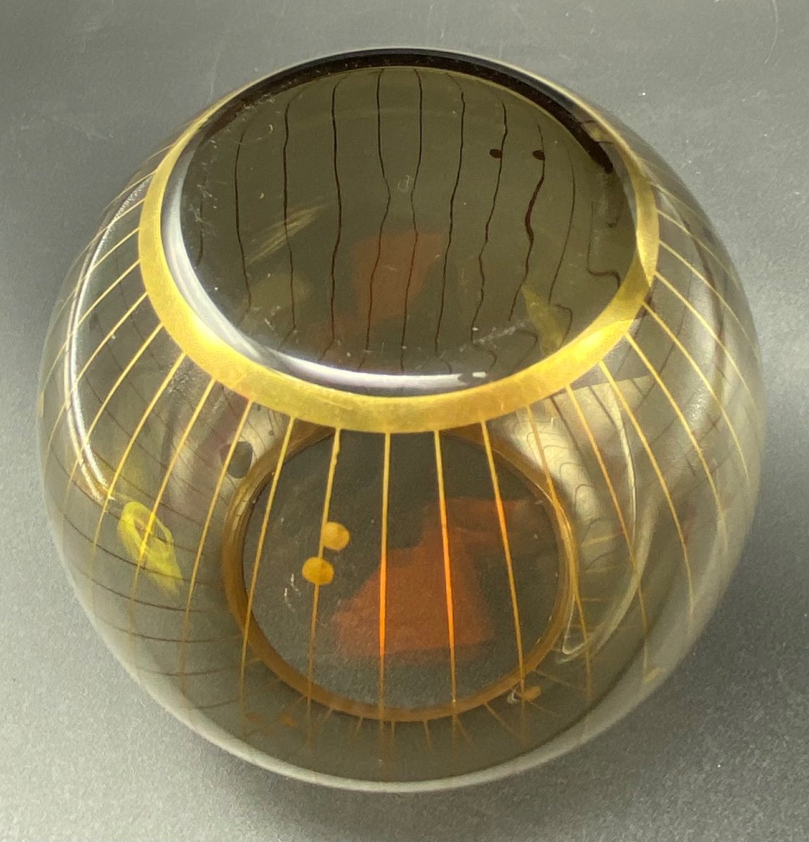 Petit  Vase Boule En Cristal Soufflé Doré Art Déco Bohème -photo-2