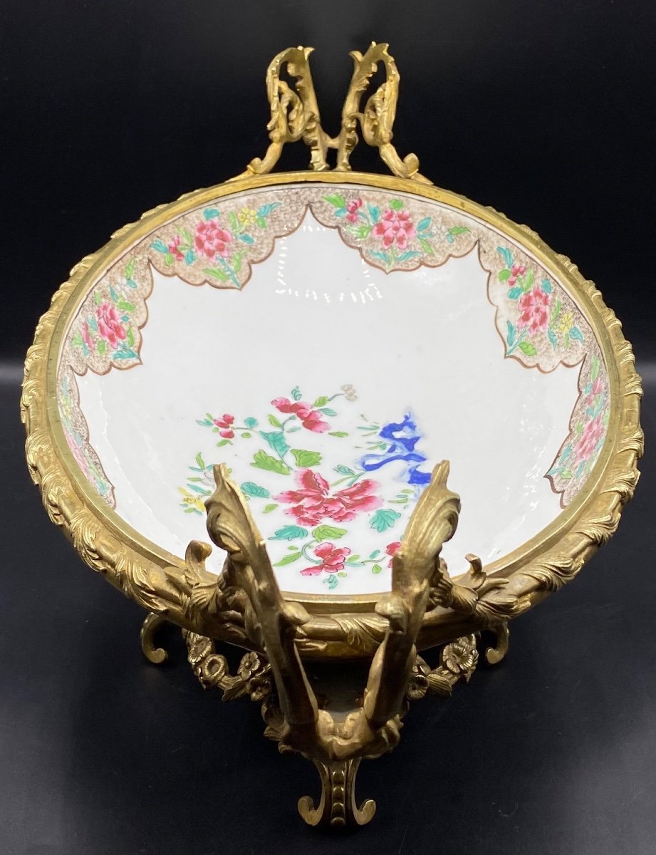 Grande Coupe Milieu De Table En Porcelaine Montée Bronze Chine XIXème -photo-2