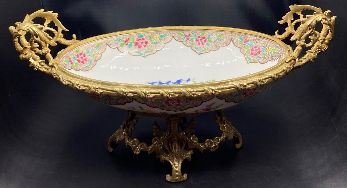 Grande Coupe Milieu De Table En Porcelaine Montée Bronze Chine XIXème -photo-3