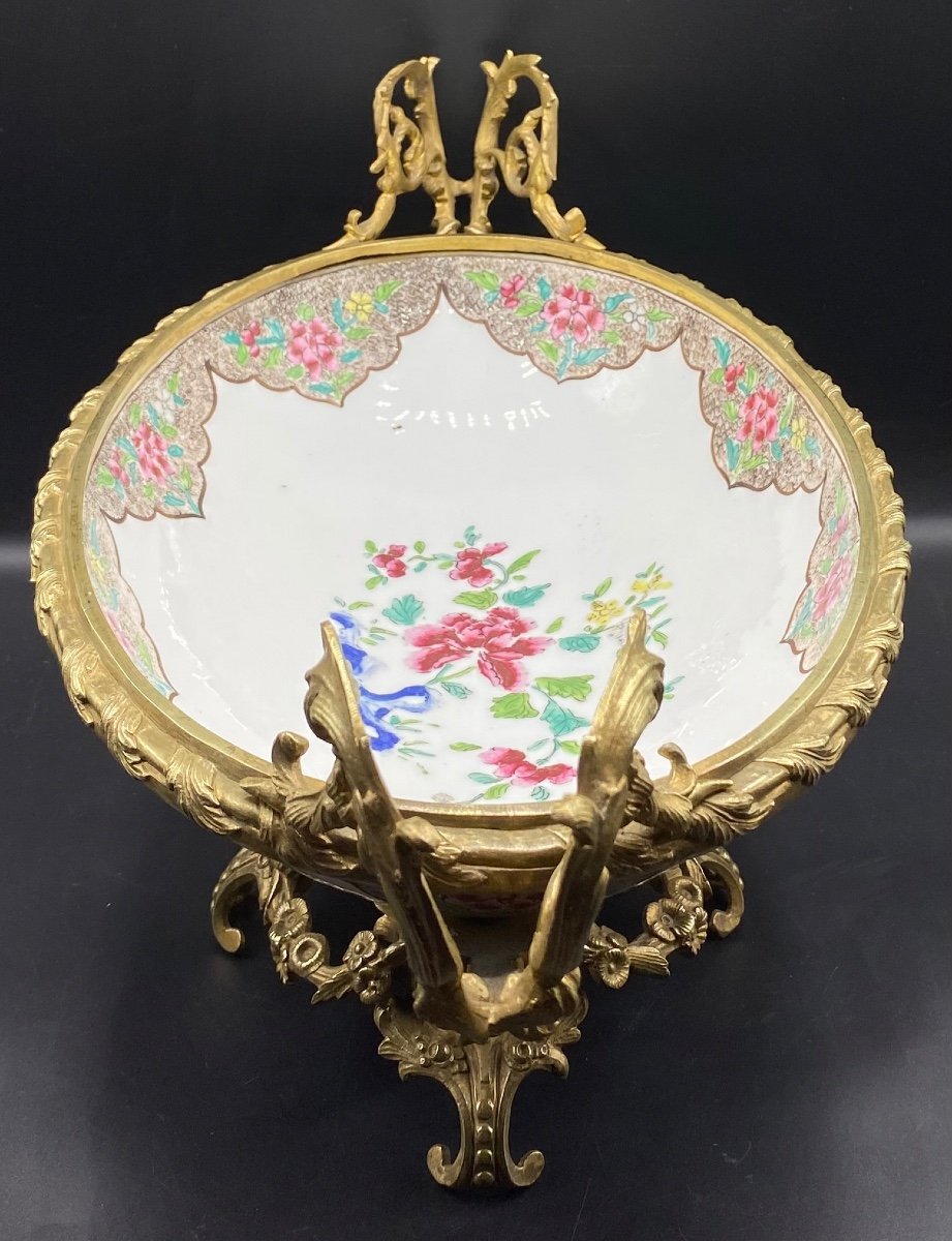 Grande Coupe Milieu De Table En Porcelaine Montée Bronze Chine XIXème -photo-4