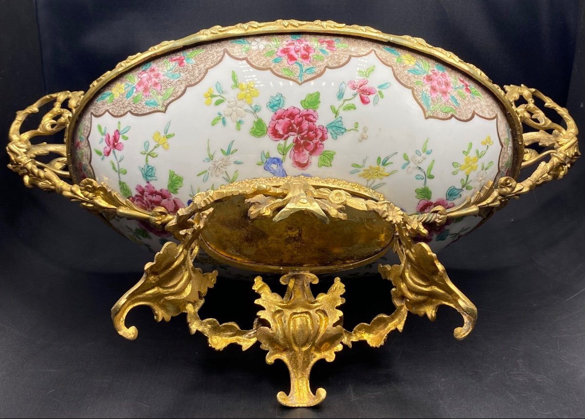 Grande Coupe Milieu De Table En Porcelaine Montée Bronze Chine XIXème -photo-3