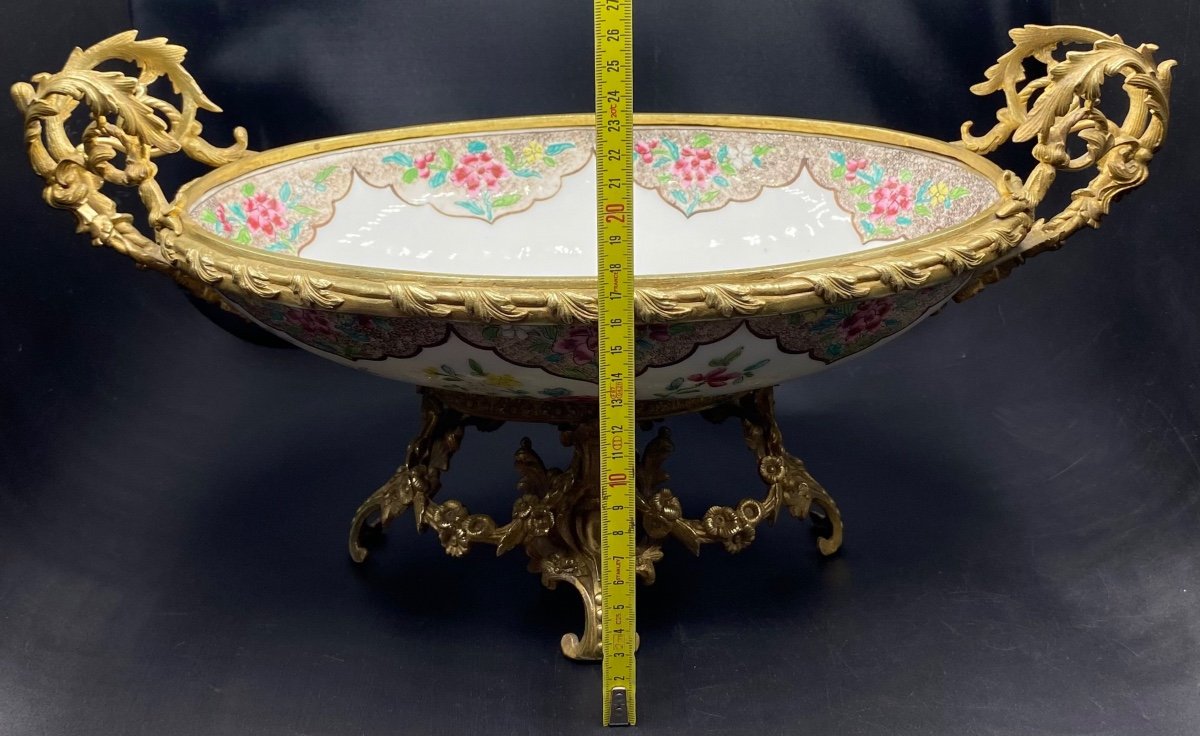 Grande Coupe Milieu De Table En Porcelaine Montée Bronze Chine XIXème -photo-6