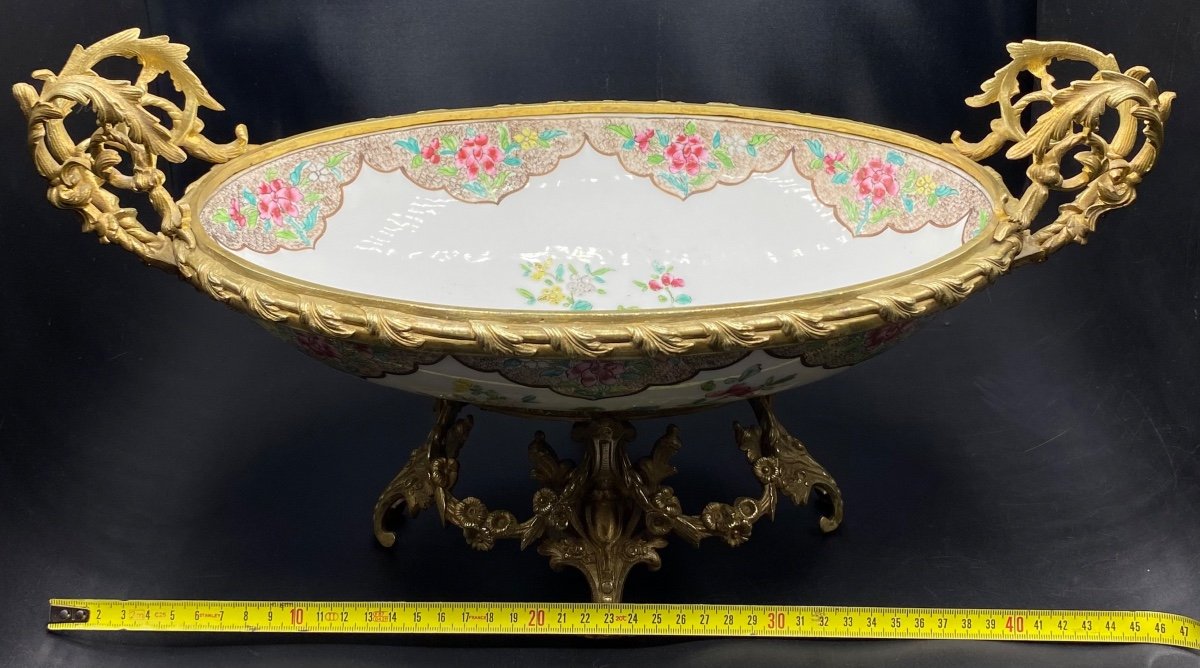 Grande Coupe Milieu De Table En Porcelaine Montée Bronze Chine XIXème -photo-7