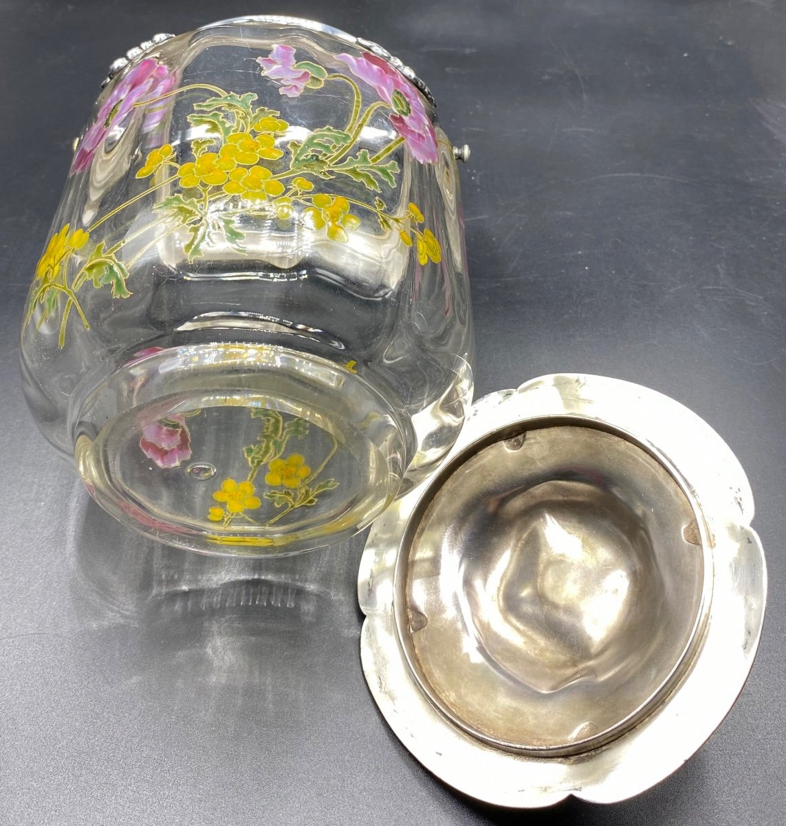 Biscuit Bucket In Legras Enameled Blown Crystal And Gallia Metal Frame Christofle 1920-photo-1