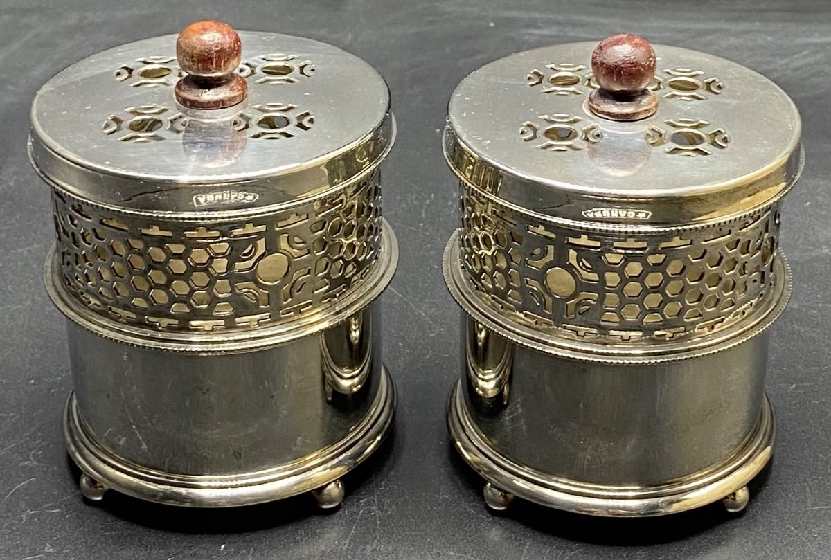 Paire De Pots À Criquets Ou Deux Brûles Parfums, Métal Argenté, 1940 Shanghai Tang-photo-3