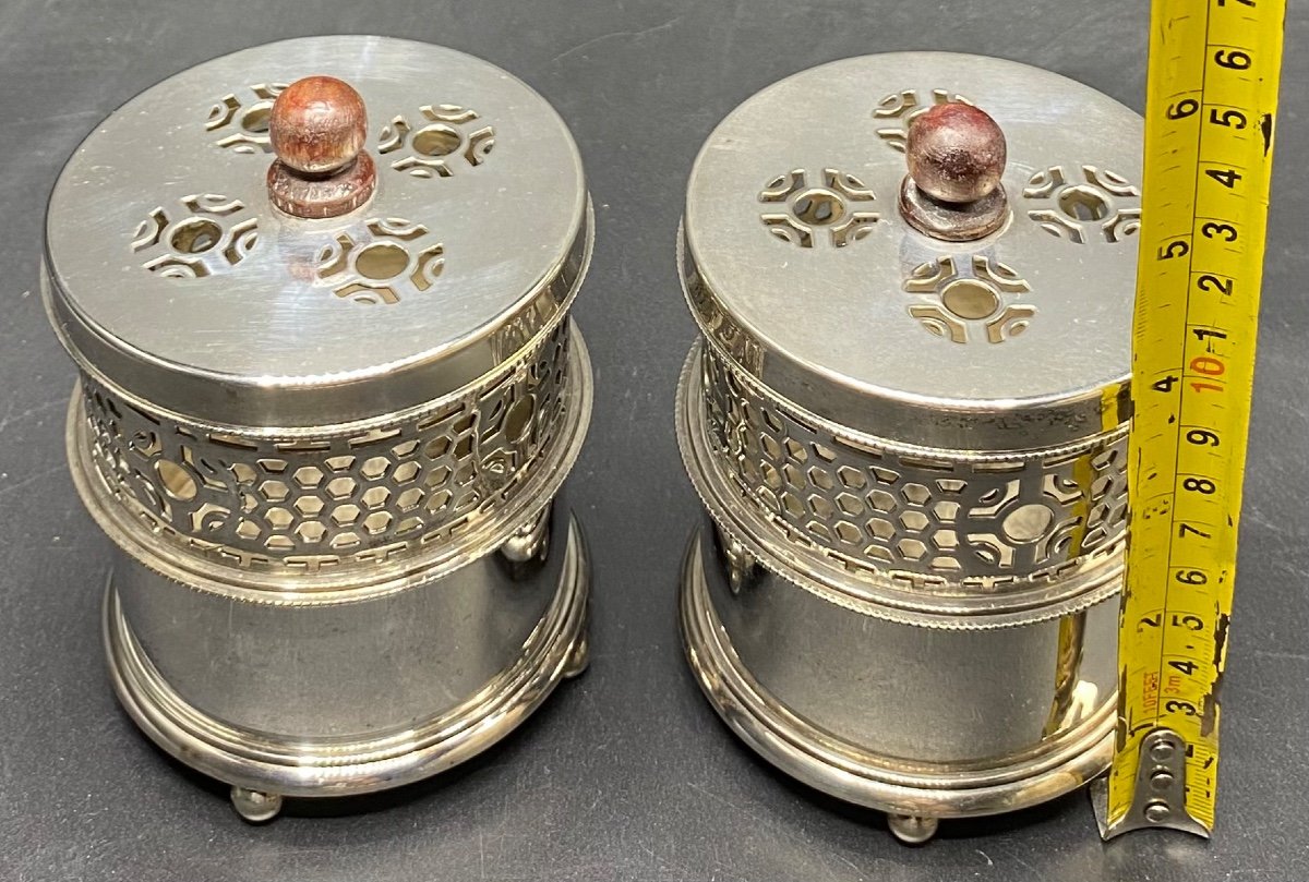 Paire De Pots À Criquets Ou Deux Brûles Parfums, Métal Argenté, 1940 Shanghai Tang-photo-6