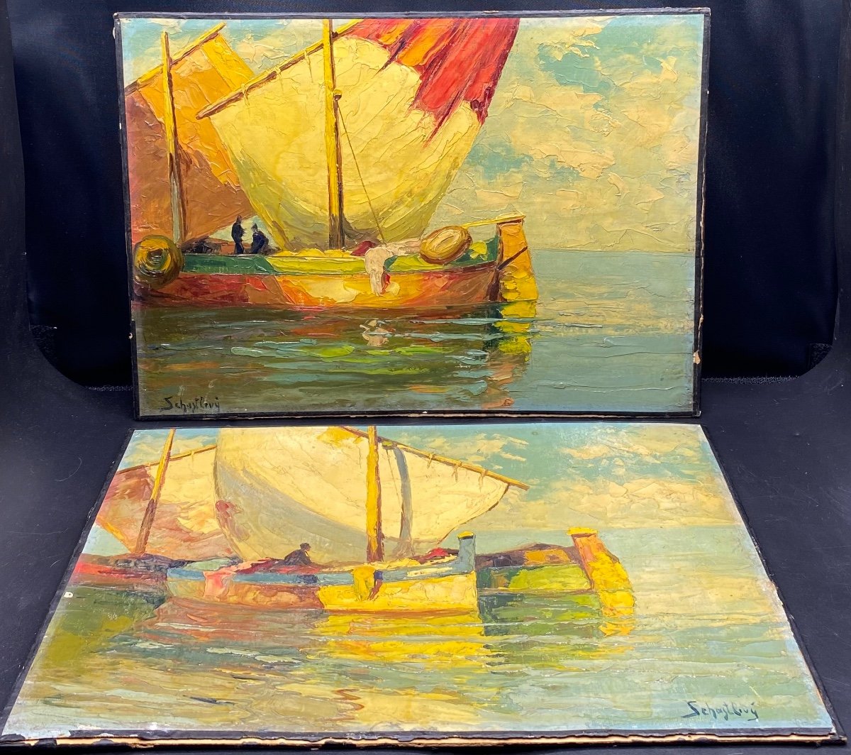 Pair Of Oil On Canvas Fixed On Cardboard From The 1900s By Schastlivy
