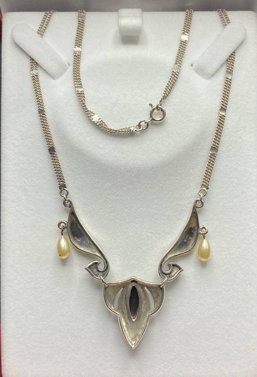 Pendentif En Argent Massif Marcassites Onyx Et Perles Des Années 1930-photo-4