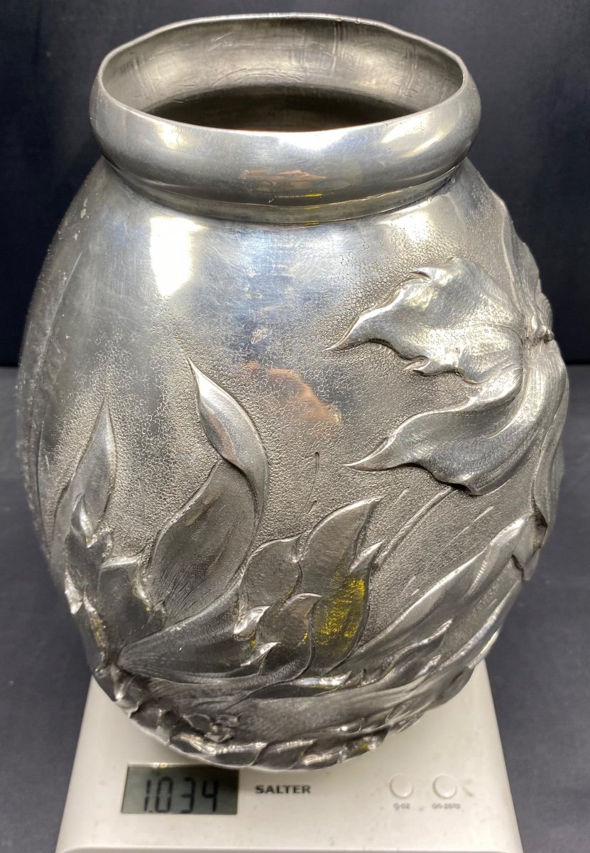 Large Repoussé Pewter Vase Chiseled By Renal From The 1920s-photo-8