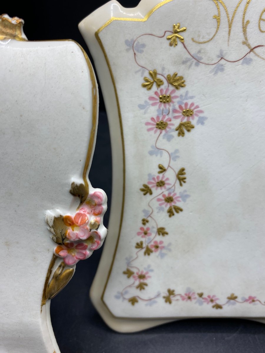 3 Menu Holders In Golden Enameled Porcelain, Limoges Circa 1900-photo-2