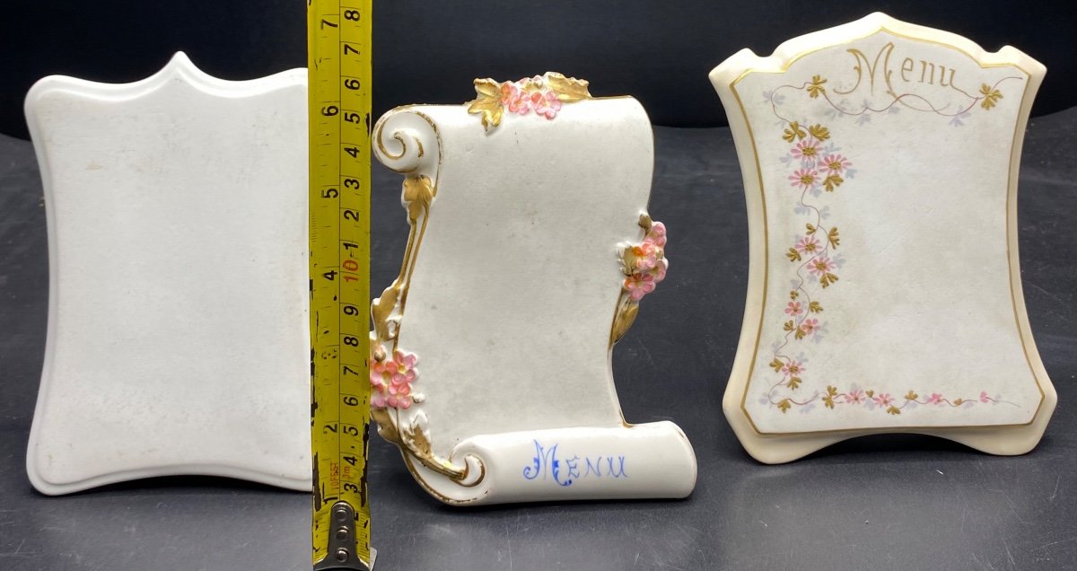 3 Menu Holders In Golden Enameled Porcelain, Limoges Circa 1900-photo-6