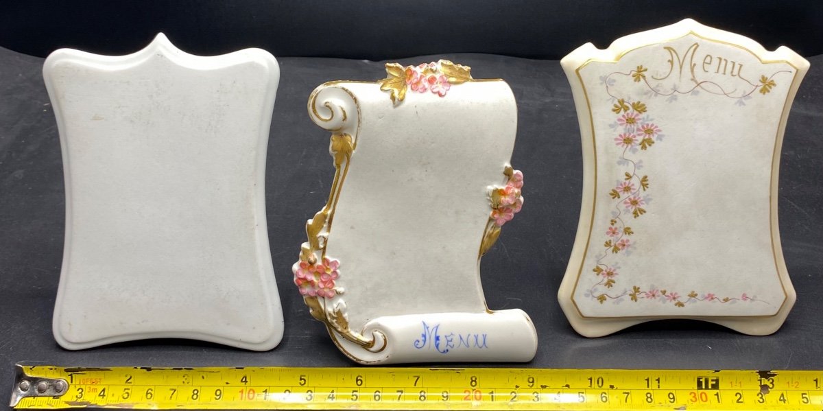 3 Menu Holders In Golden Enameled Porcelain, Limoges Circa 1900-photo-7
