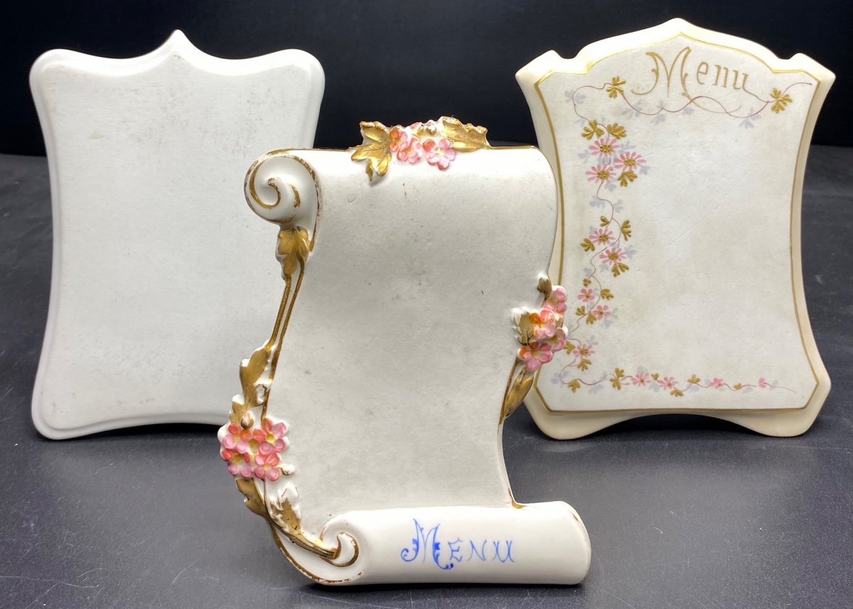 3 Menu Holders In Golden Enameled Porcelain, Limoges Circa 1900