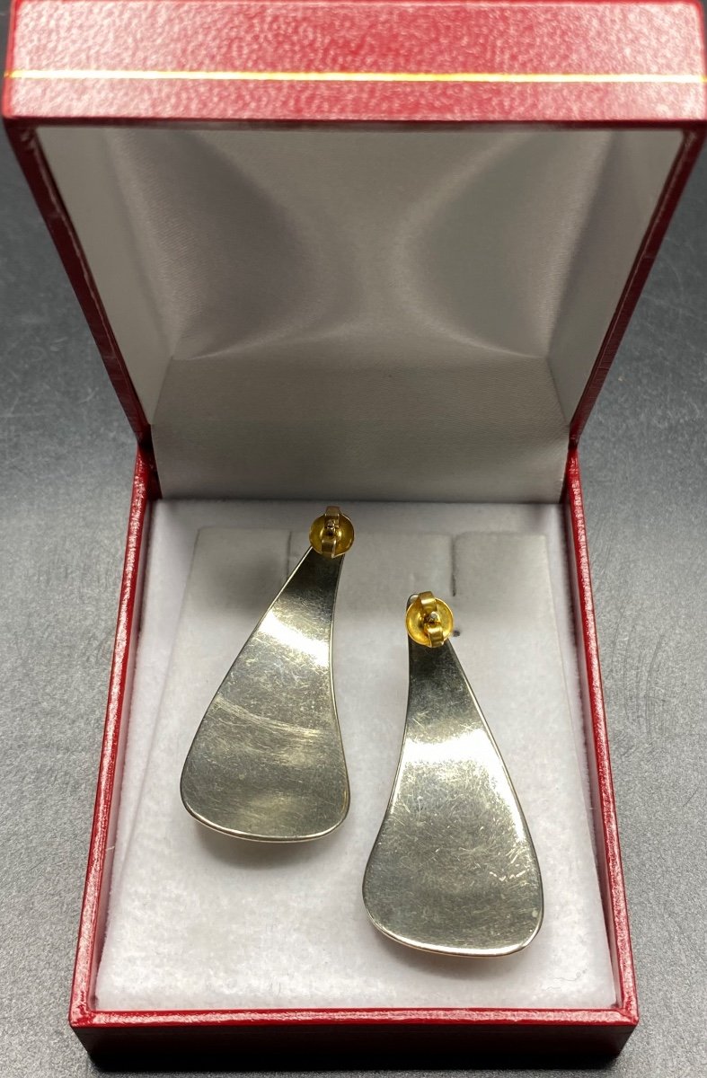 Pair Of Earrings In Silver And Gold Metal, French From The 1960s/70s-photo-2