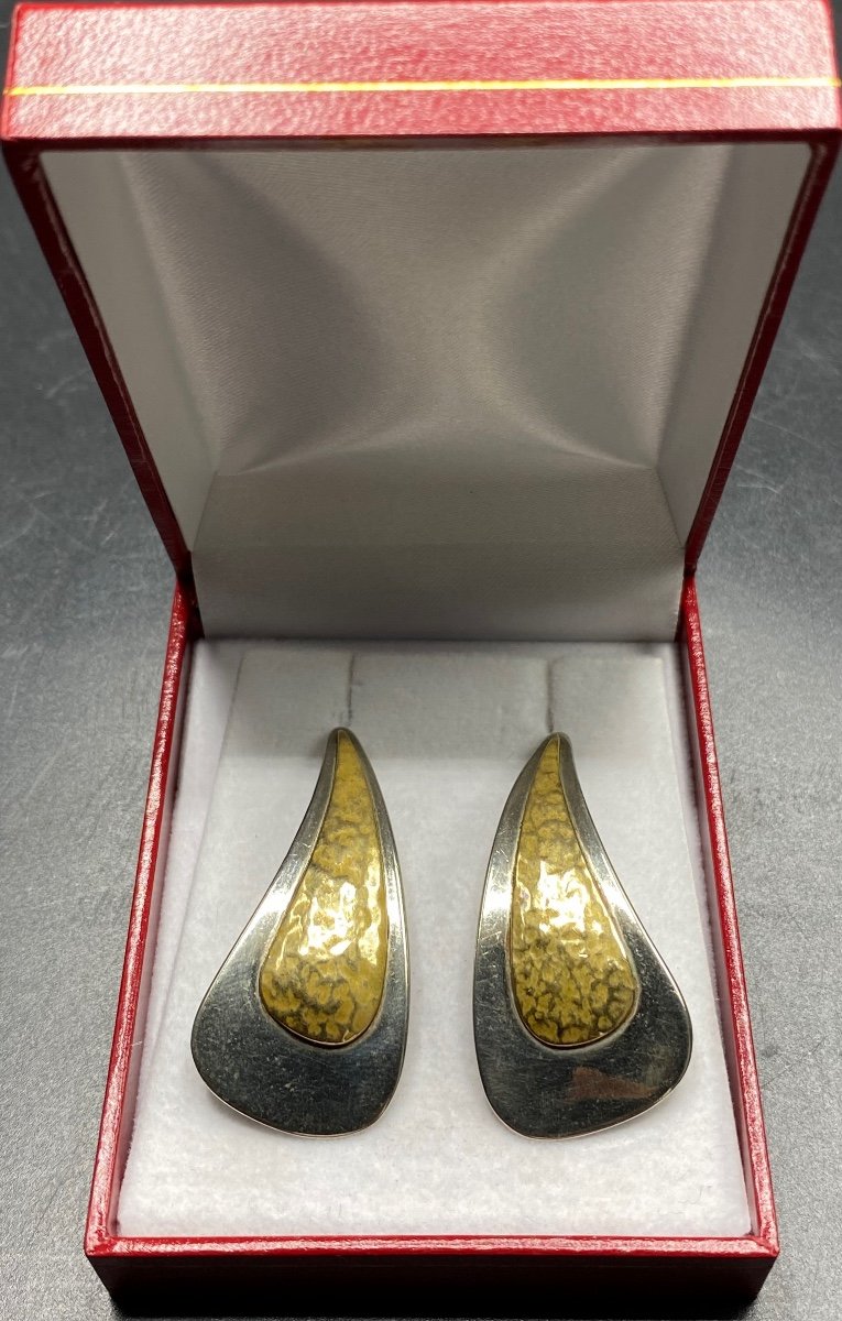 Pair Of Earrings In Silver And Gold Metal, French From The 1960s/70s-photo-3