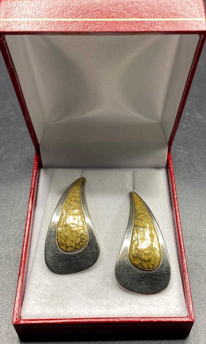 Pair Of Earrings In Silver And Gold Metal, French From The 1960s/70s