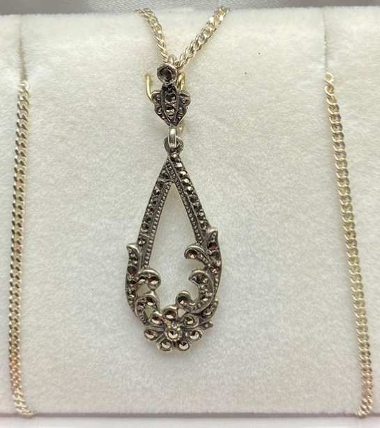 Pendentif En Argent Massif Et Marcassites, Français Des Années 1900-photo-3