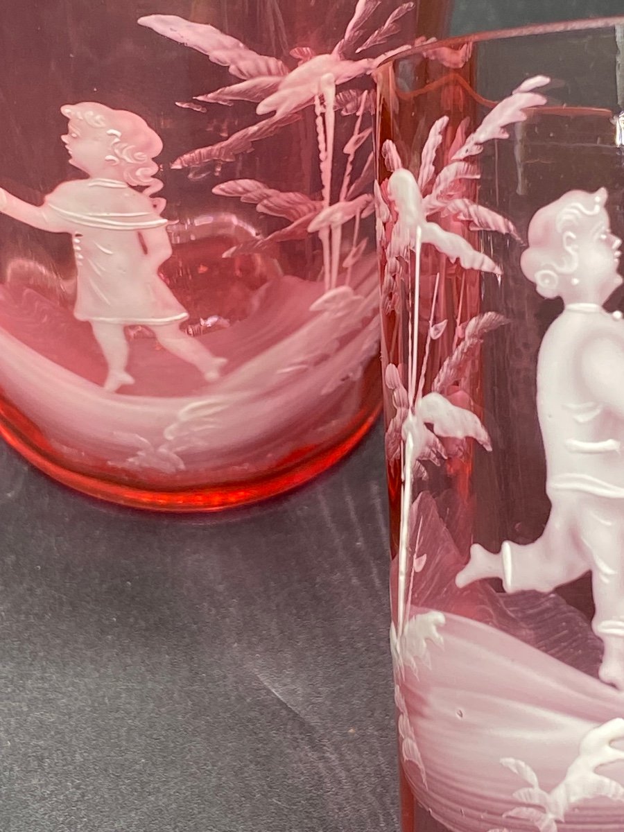 Pair Of Small Mary-gregory Enameled Crystal Glasses Circa 1900-photo-1