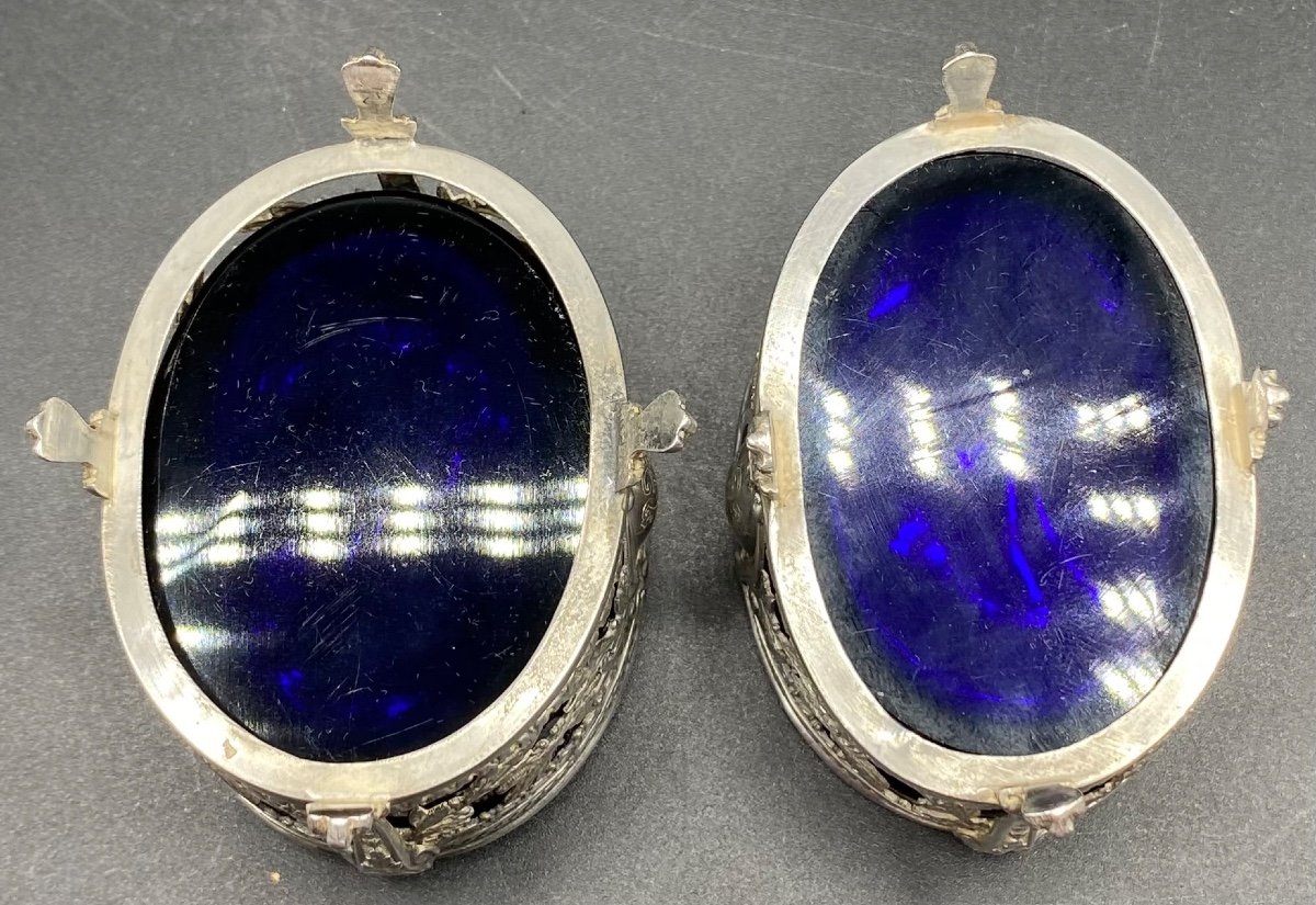 Pair Of Salerons In Sterling Silver And Blue Sèvres Crystal Mid-19th French -photo-1