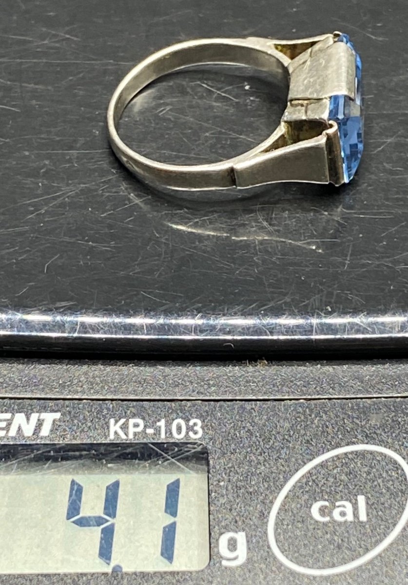 Bague En Argent Massif Et Topaze Des Années 30 Française-photo-6