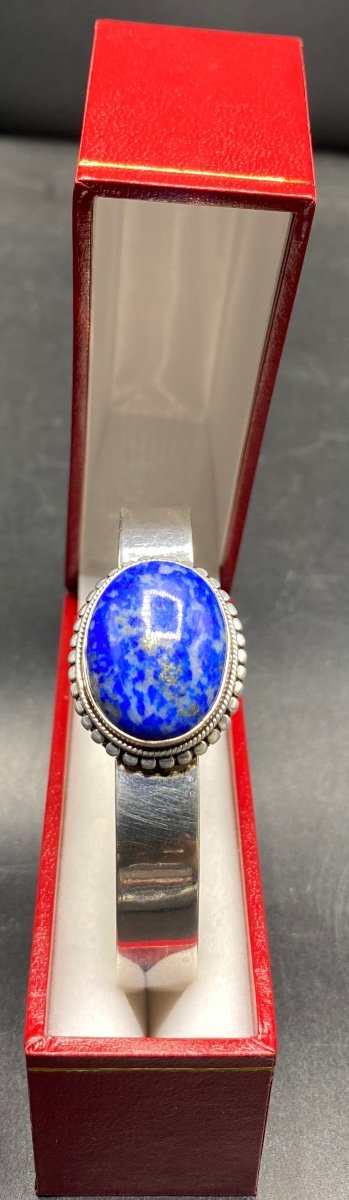Sterling Silver And Lapis Cabochon Bracelet - Lazuli 1950s French-photo-2