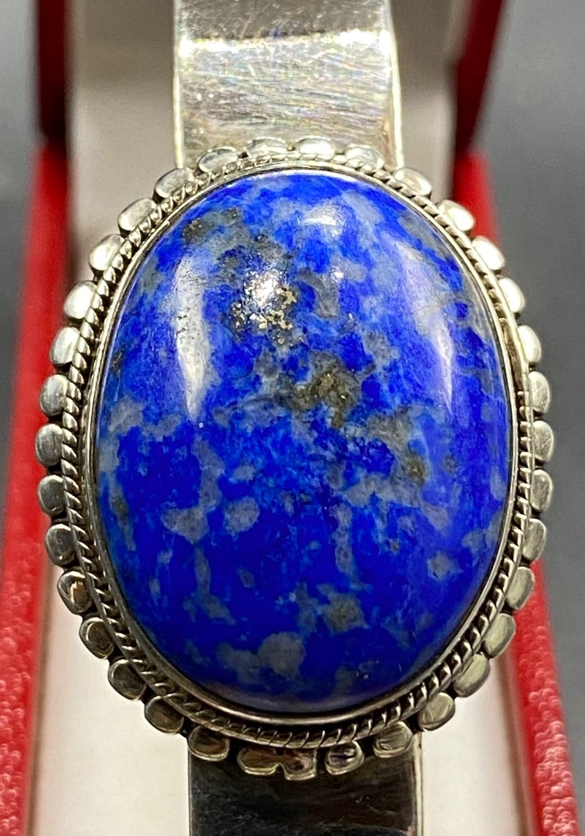 Sterling Silver And Lapis Cabochon Bracelet - Lazuli 1950s French-photo-1
