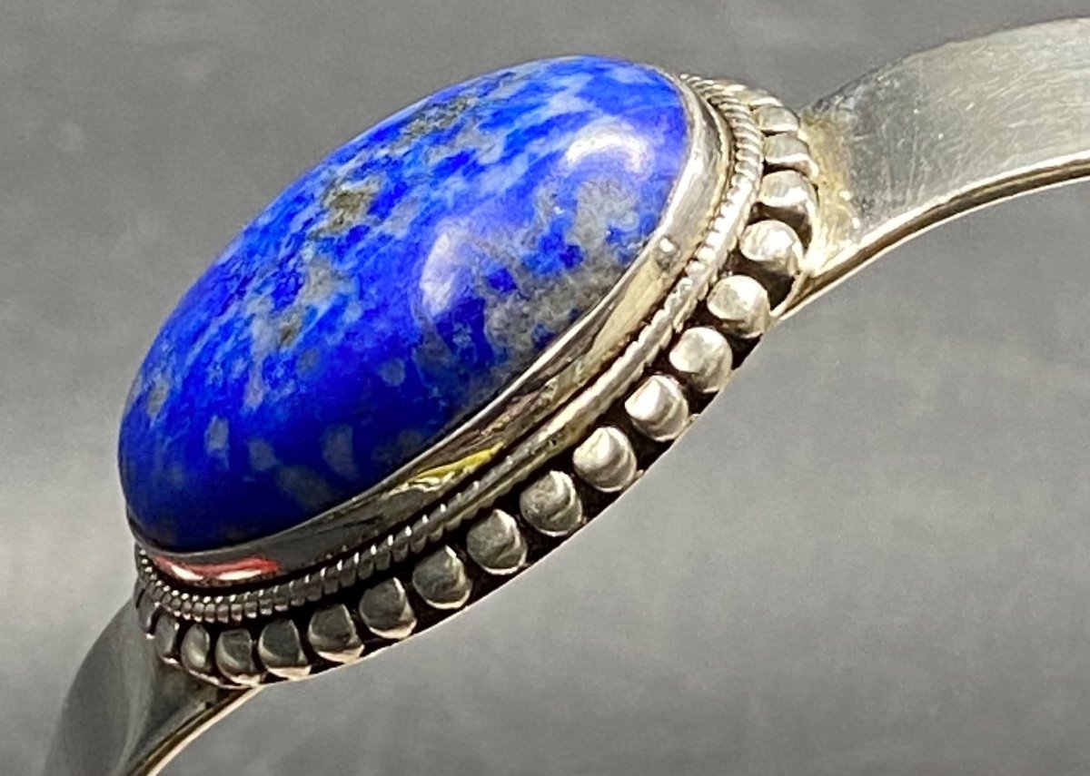 Sterling Silver And Lapis Cabochon Bracelet - Lazuli 1950s French-photo-2