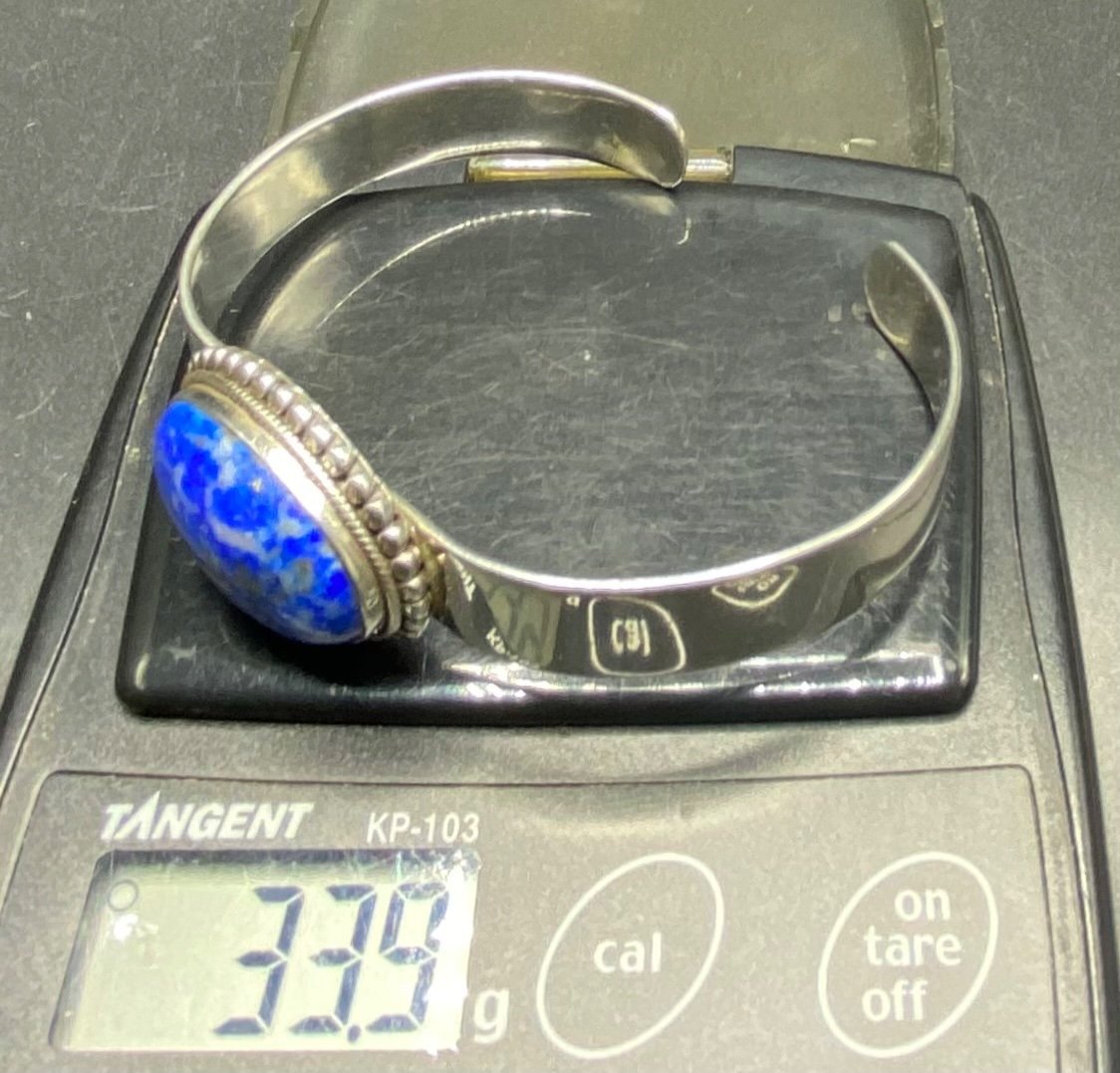 Sterling Silver And Lapis Cabochon Bracelet - Lazuli 1950s French-photo-8