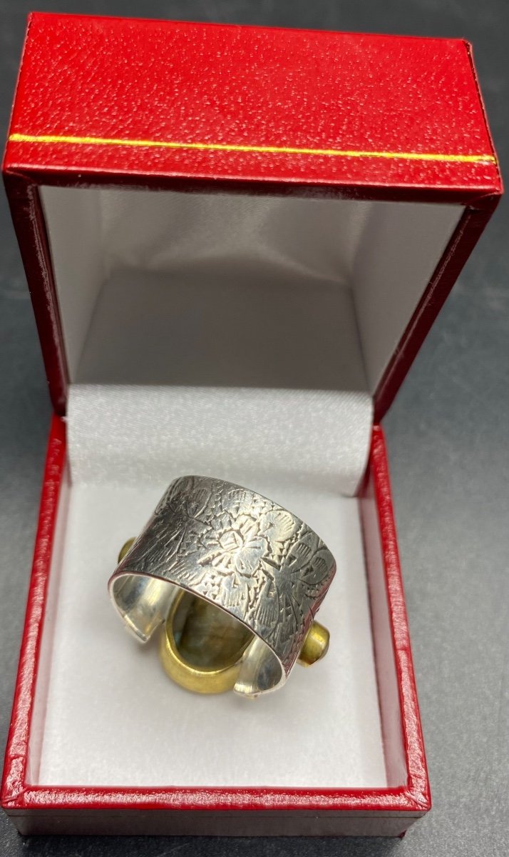 Importante Bague En  Argent Massif Vermeil Perle Et Labradorite Européenne Des Années 2000-photo-3