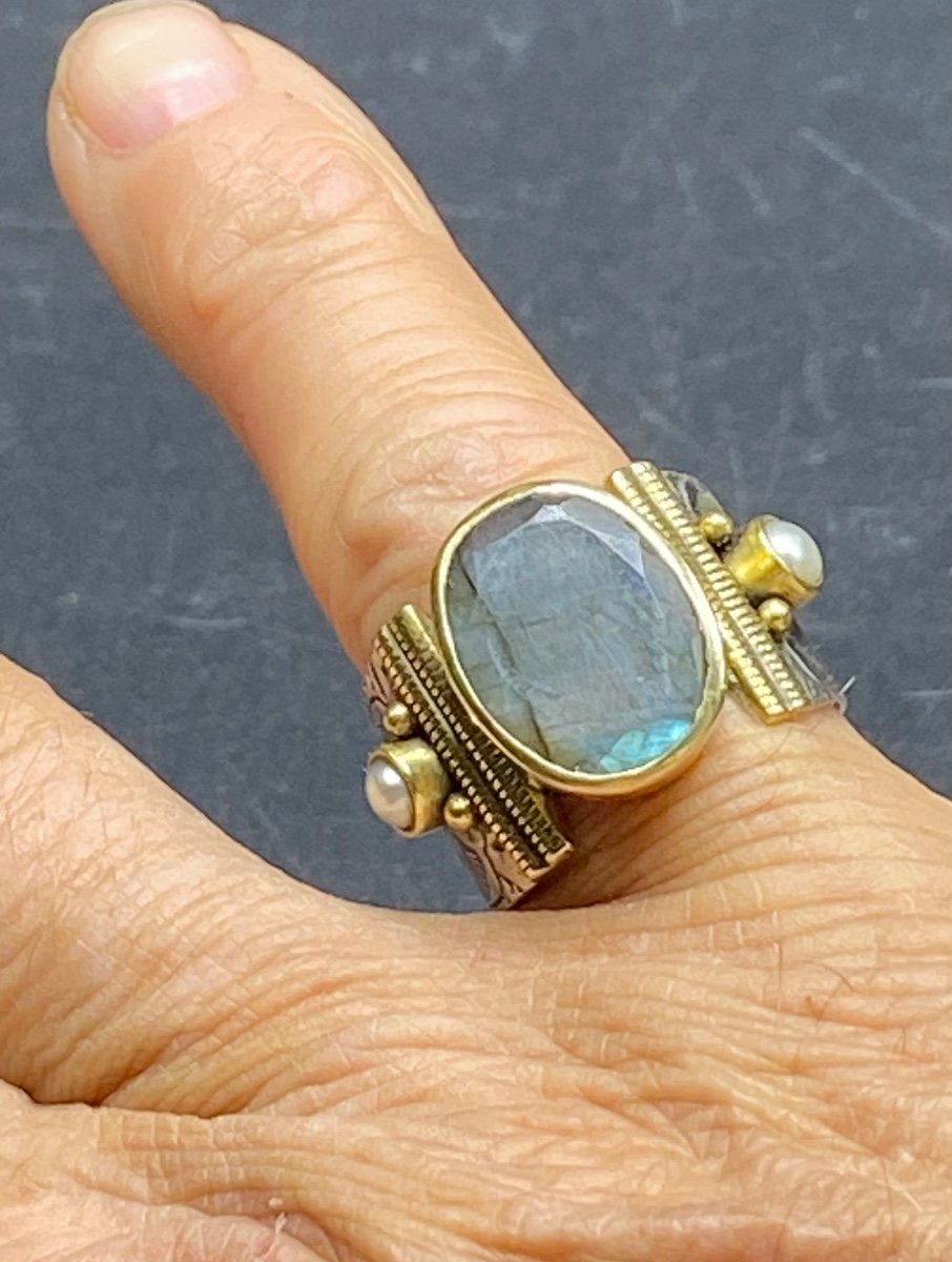 Importante Bague En  Argent Massif Vermeil Perle Et Labradorite Européenne Des Années 2000-photo-4