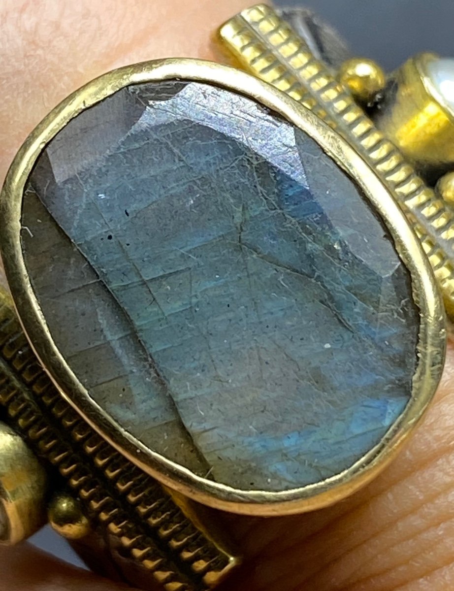 Importante Bague En  Argent Massif Vermeil Perle Et Labradorite Européenne Des Années 2000-photo-1