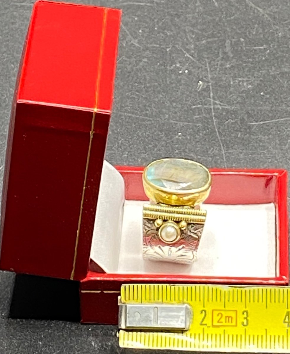 Importante Bague En  Argent Massif Vermeil Perle Et Labradorite Européenne Des Années 2000-photo-4