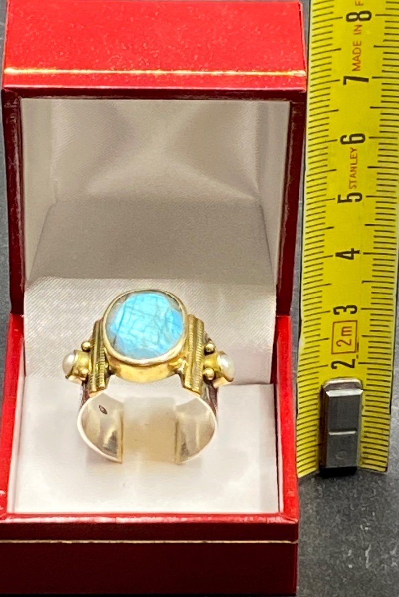 Importante Bague En  Argent Massif Vermeil Perle Et Labradorite Européenne Des Années 2000-photo-5