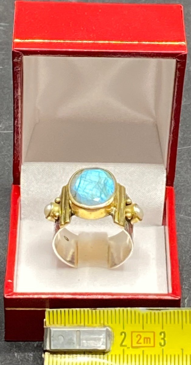Importante Bague En  Argent Massif Vermeil Perle Et Labradorite Européenne Des Années 2000-photo-6