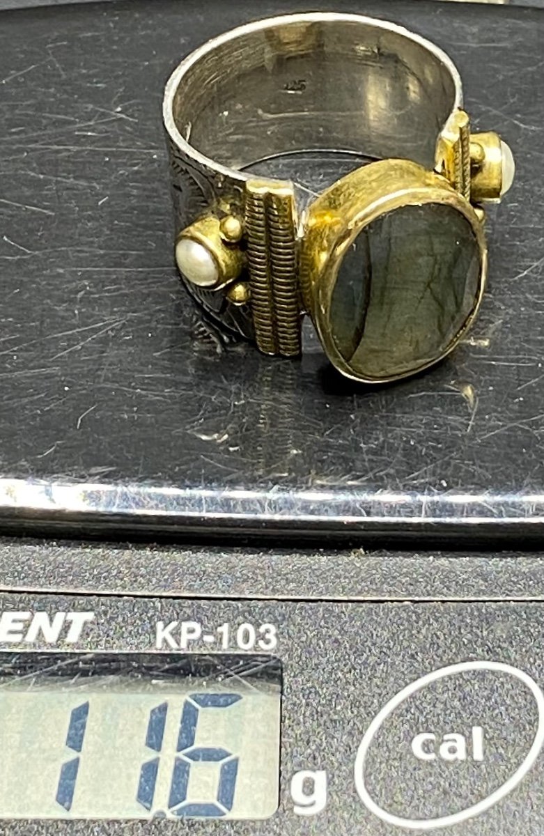 Importante Bague En  Argent Massif Vermeil Perle Et Labradorite Européenne Des Années 2000-photo-7