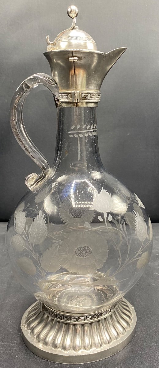 Ewer In Engraved Blown Glass And Mounts In Greek Sterling Silver Beginning 19th Century Smyrna 