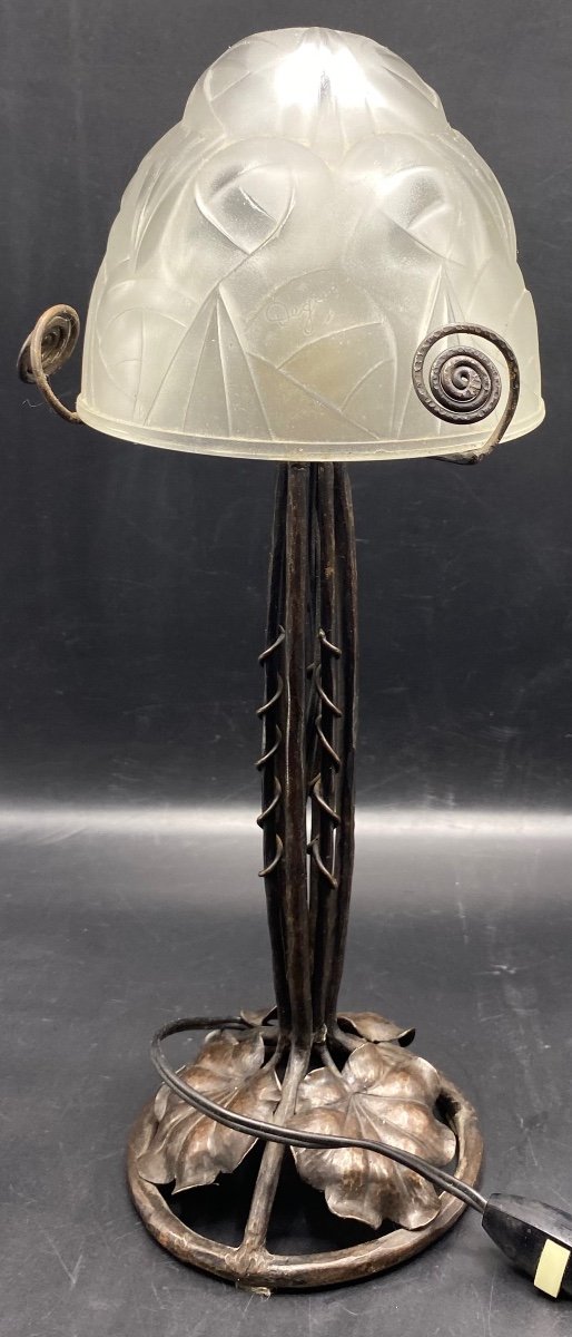 Accent Lamp In Patinated Wrought Iron And Molded Pressed Glass By Degué From The 1920s-photo-4