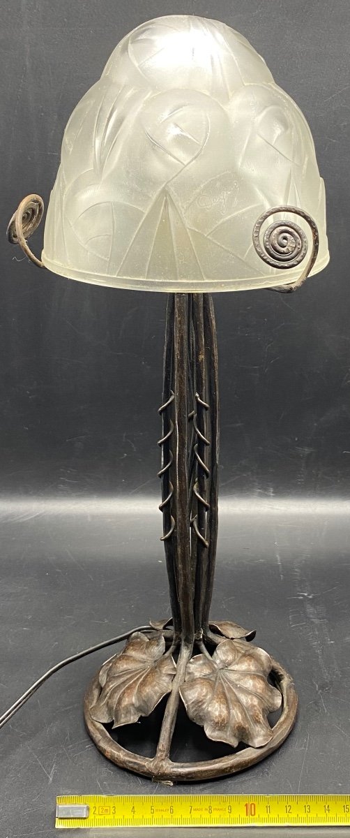 Accent Lamp In Patinated Wrought Iron And Molded Pressed Glass By Degué From The 1920s-photo-7