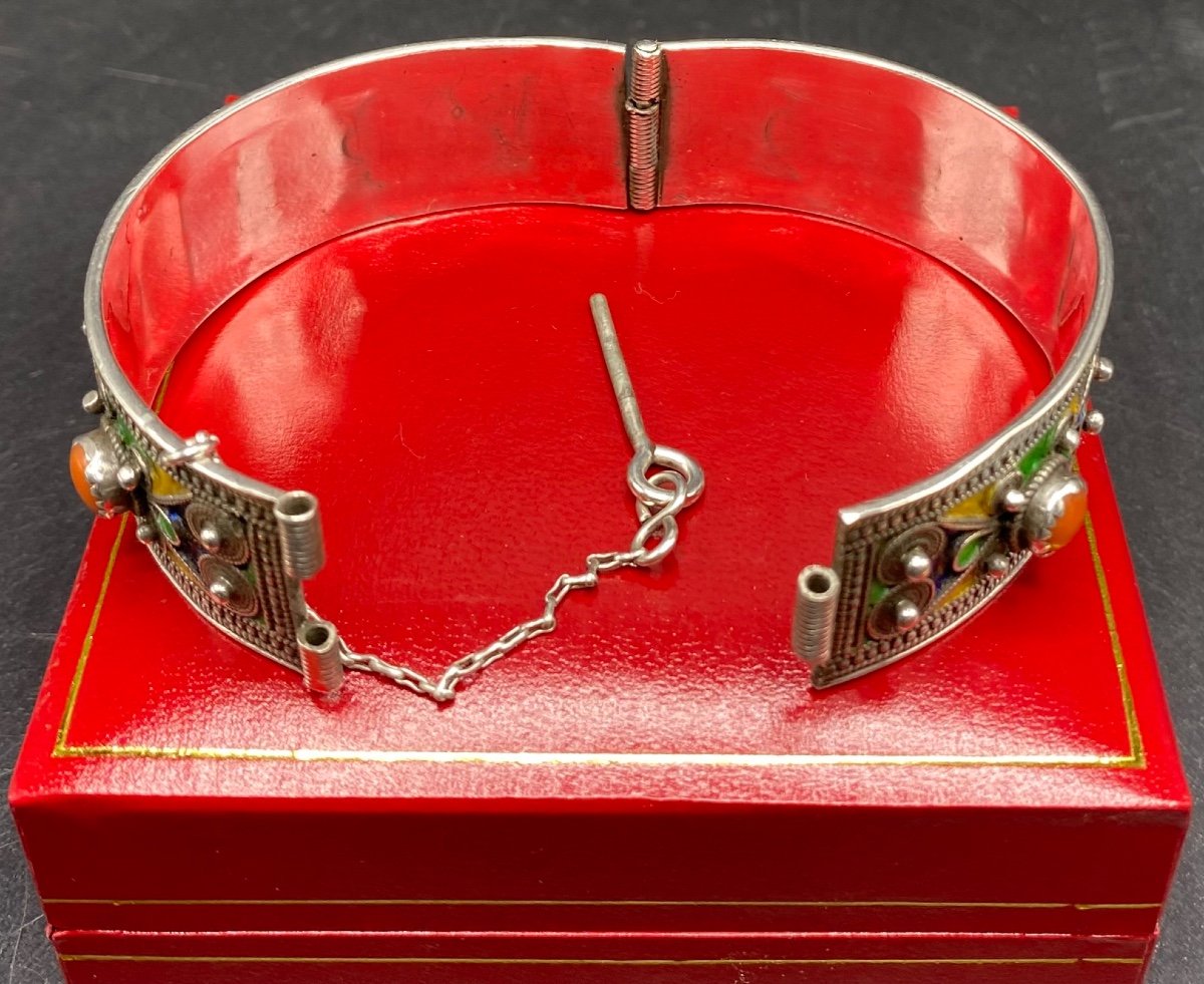 Bracelet En Argent Massif émaux Et Cabochons De Corail Berbère Vers 1920-photo-4
