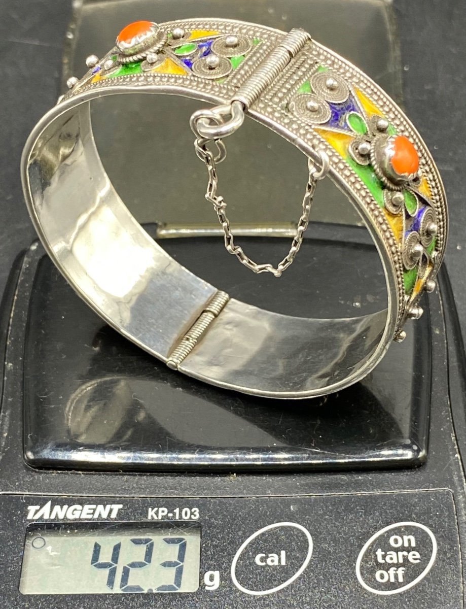 Bracelet En Argent Massif émaux Et Cabochons De Corail Berbère Vers 1920-photo-8